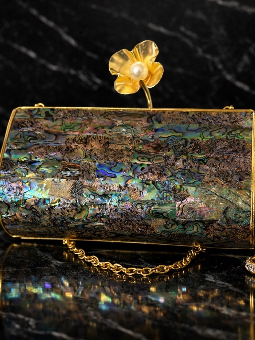 Gold-Trim Abalone Shell Evening Clutch with Floral Pearl Accent - Picture 3 of 7